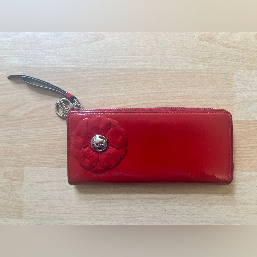 Coach Poppy Red Patent Leather Wallet with Floral Detail